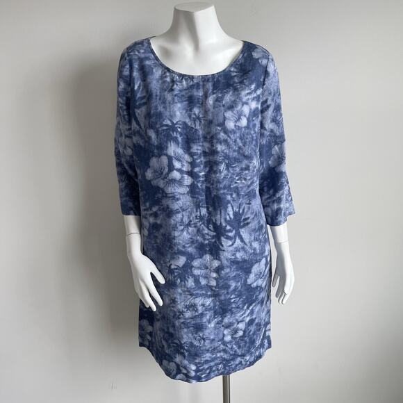 J Jill 3/4 Sleeves 100% Linen Shift Dress 10 Blue Hawaiian Tropical Palm Floral - Picture 1 of 15